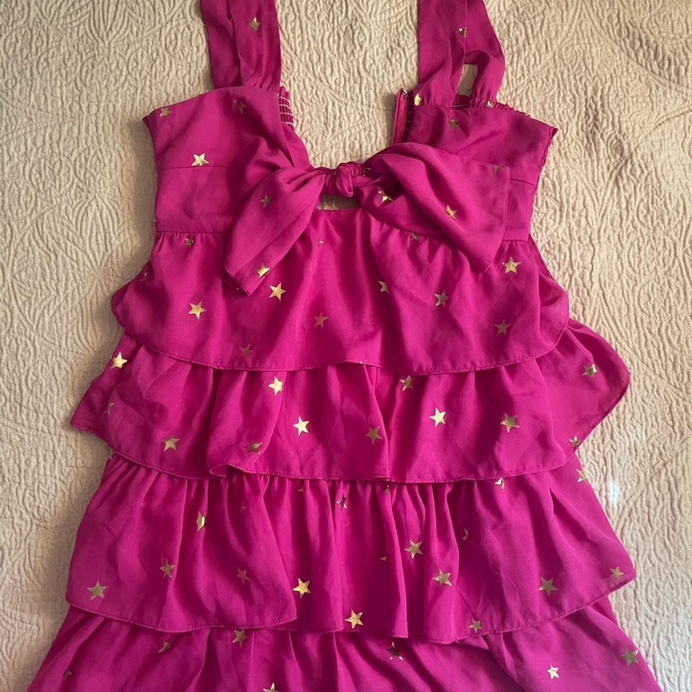 Buddy Love Fuchsia Ruffle Dress with Gold Stars